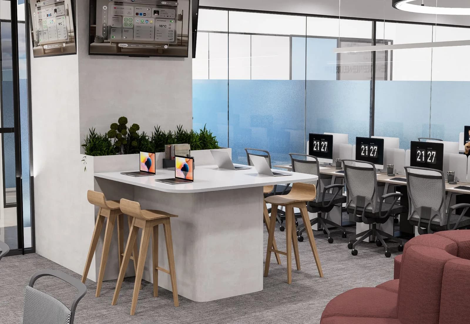 Collaboration tables and workstations in the Bower coworking space