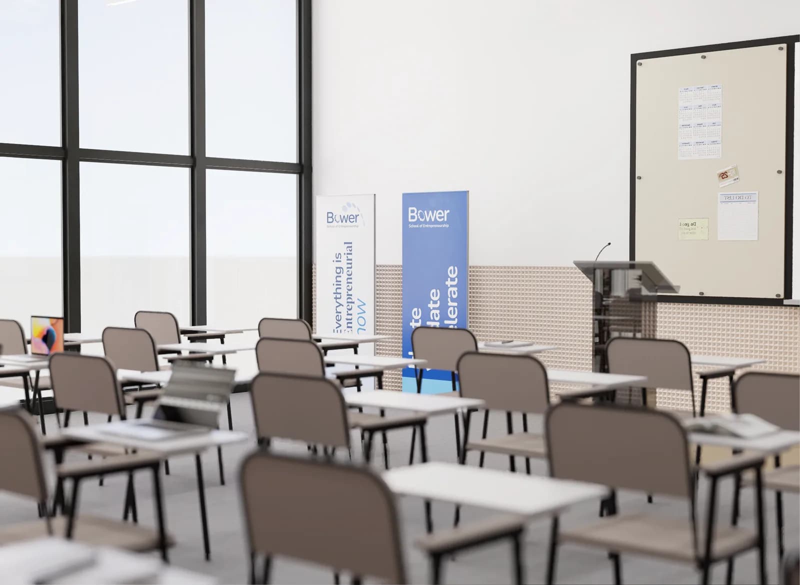 Bower School classroom with branded standees