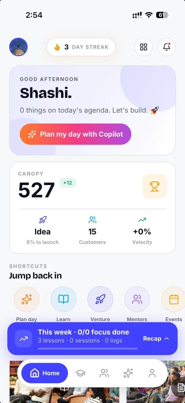 Founder OS home screen with the Canopy founder score